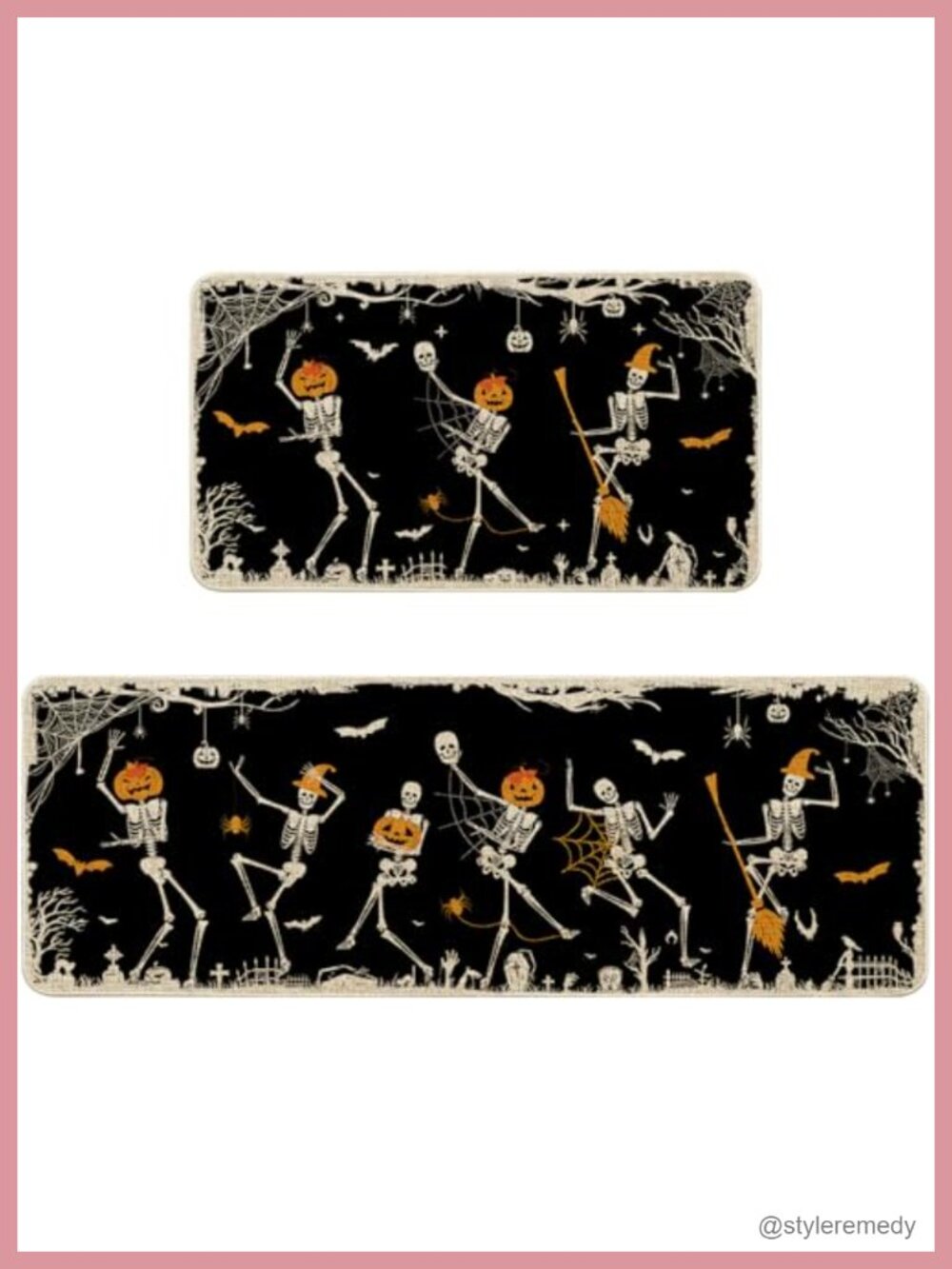 Halloween Kitchen Mat Set of 2, Dancing Skeleton Burlap Non-Slip Rugs 17x30 &